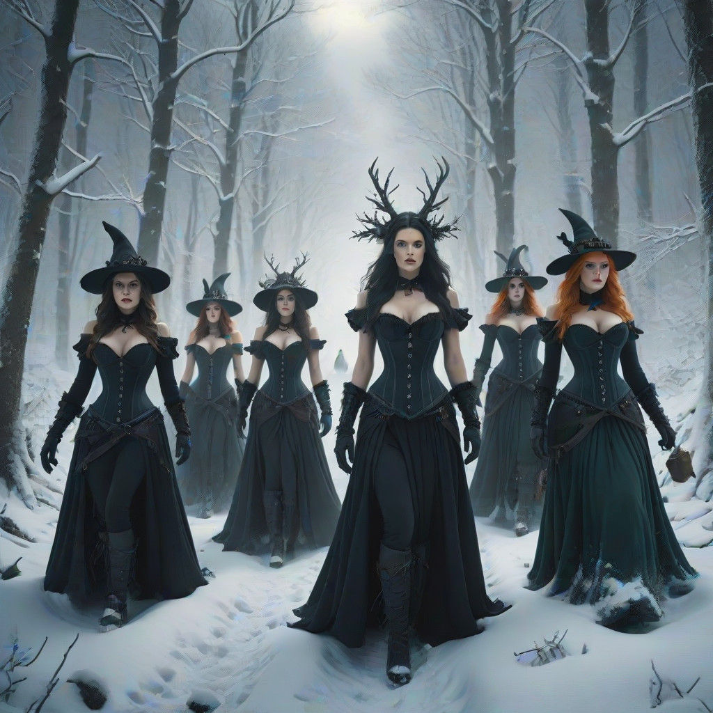 Epic Digital Matte Painting of Witch Coven in Snowy Forest