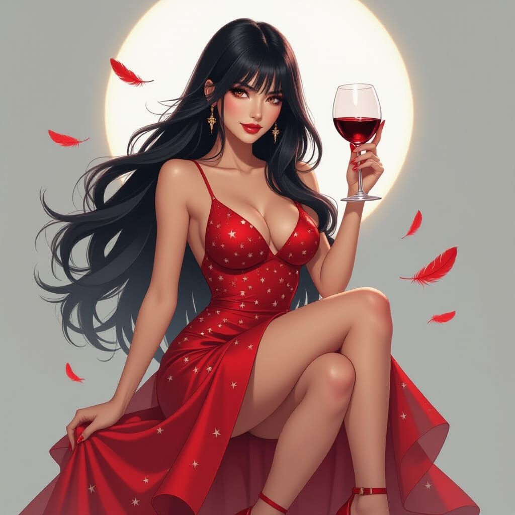 Dreamlike Lady with Wine Glass in Digital Art Style