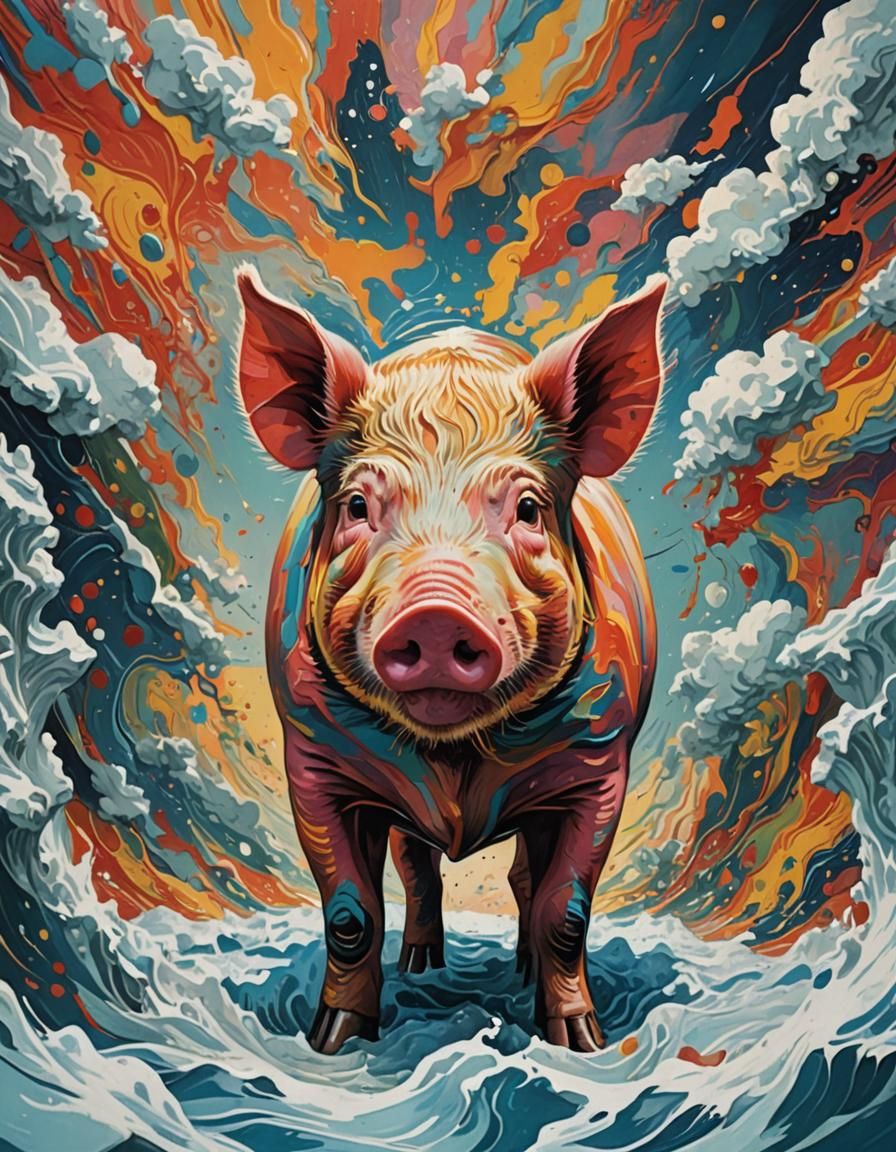 Colorful Pig Portrait in Dadaist Style