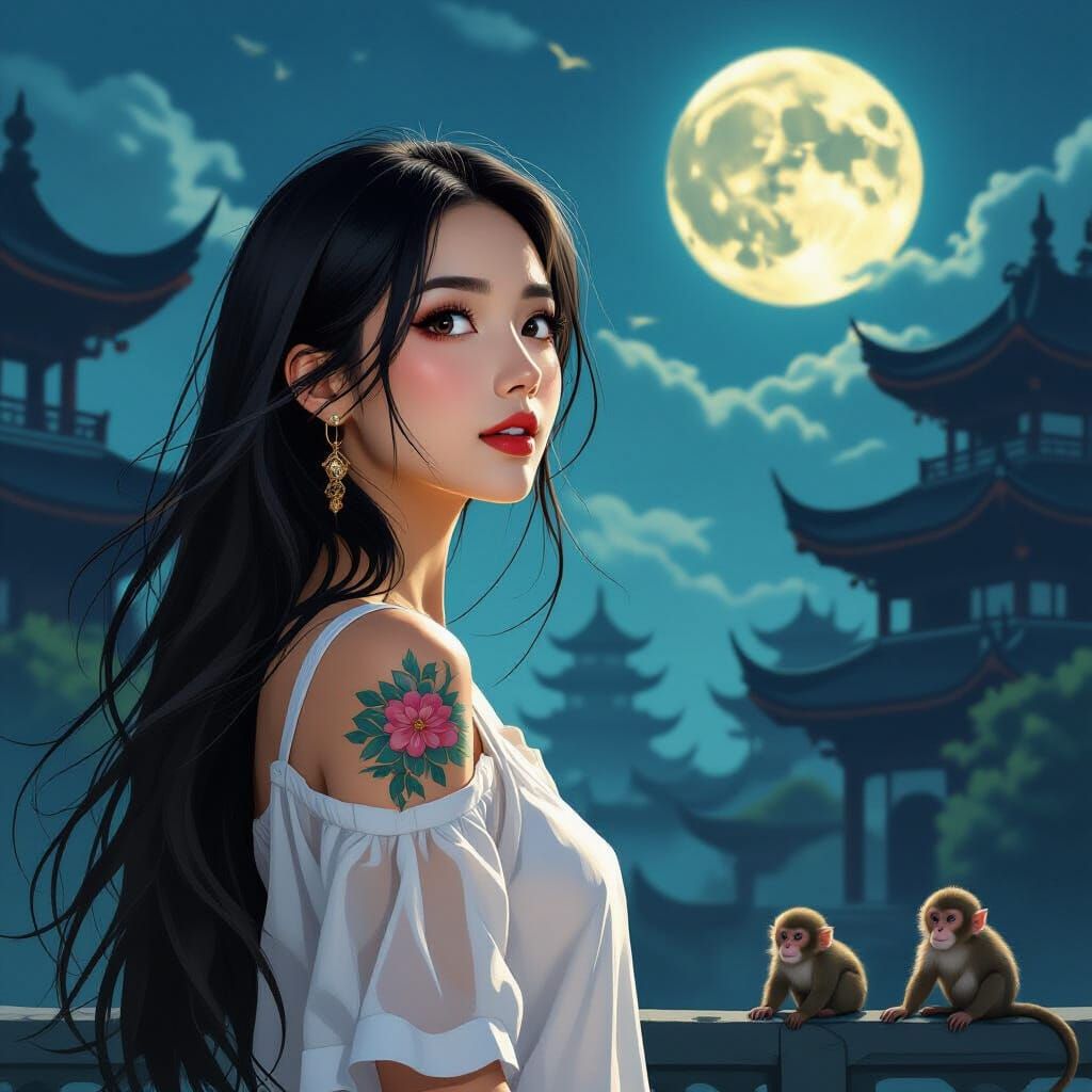 Surprised Woman With Monkey Tail at Temple Ruins