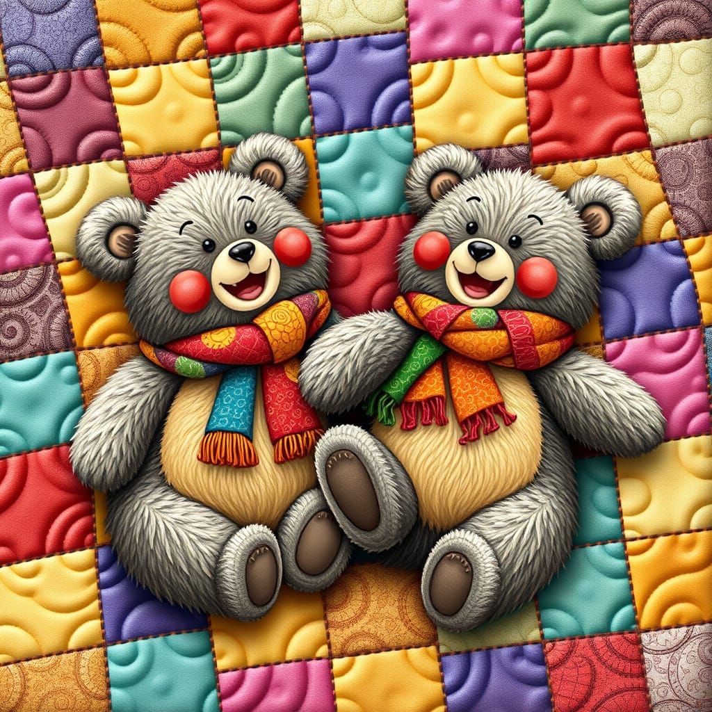 Fuzzy Bears Laughing on Quilt in Abstract Style
