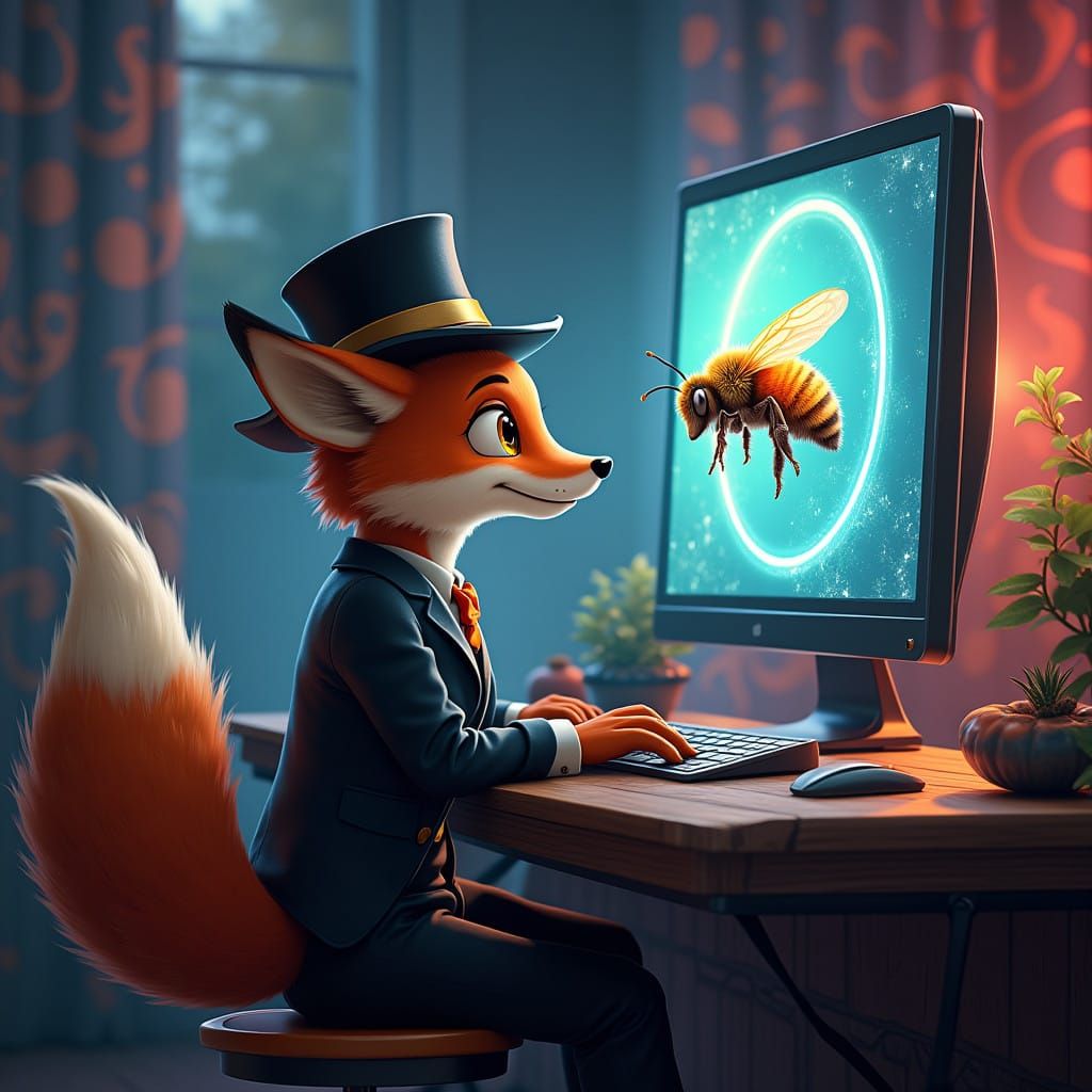Majestic Fox in Top Hat Plays Digital Tag with Iridescent Be...