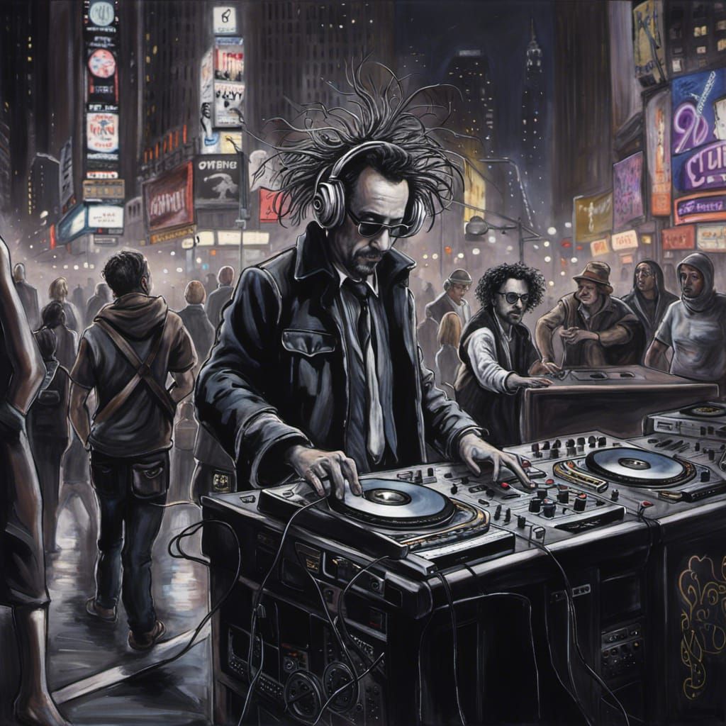 Tim Burton as a DJ in Time Square, New York.