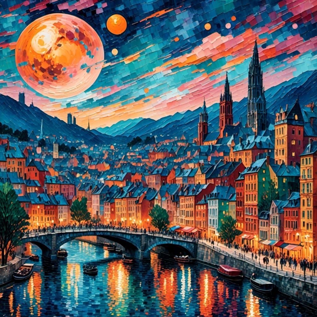 Cityscape at Dusk in Impasto Style with Full Moon