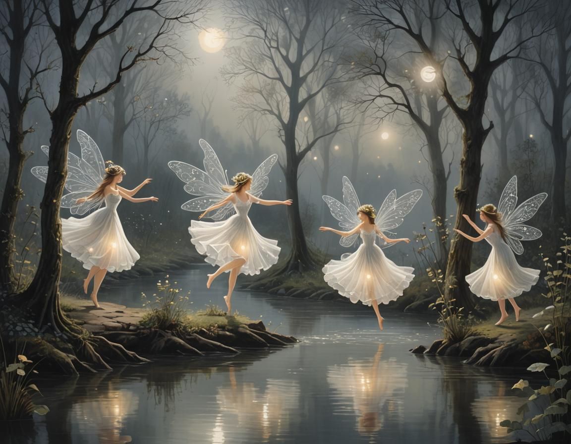 Fairies Dancing in Moonlight: Folk Art River Scene