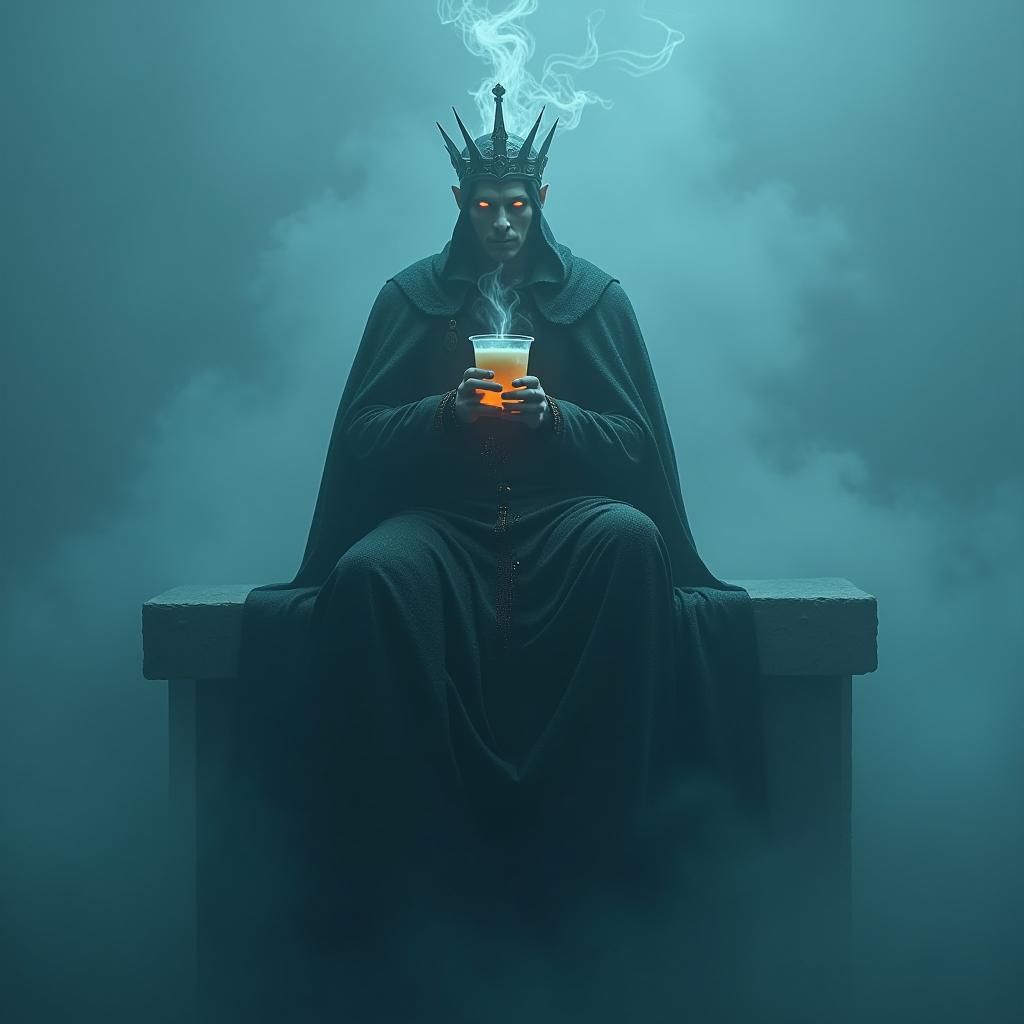 Three-Eyed Man with Bubble Tea in Blue Monochromatic Sky