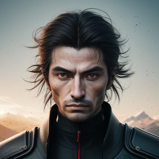 Gigante Samurai Futurista con Armatura Argentea e Katana Las...