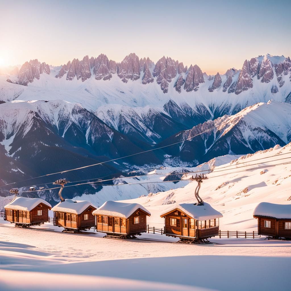 Breathtaking Alps Landscape with Cable Car and Wooden Cabins