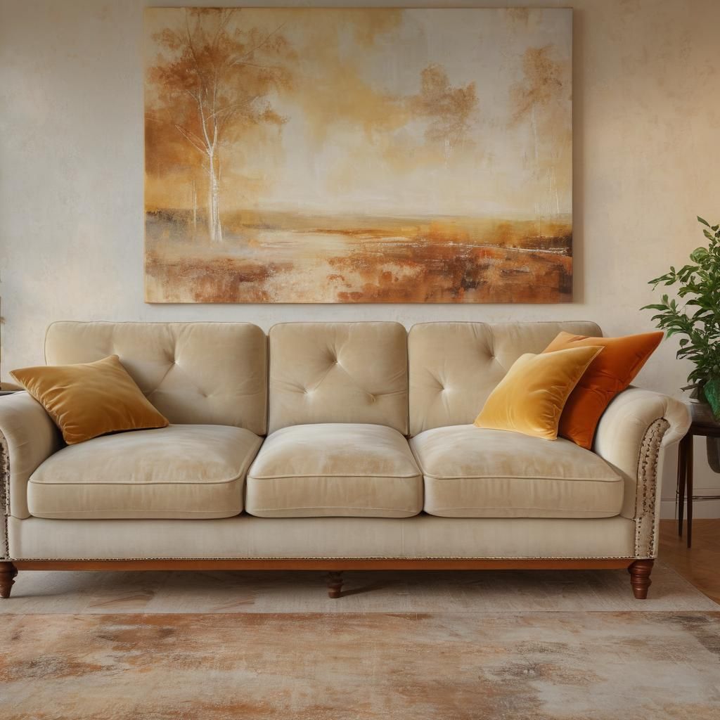 Cozy Living Room with Velvet Couch as Oil Painting