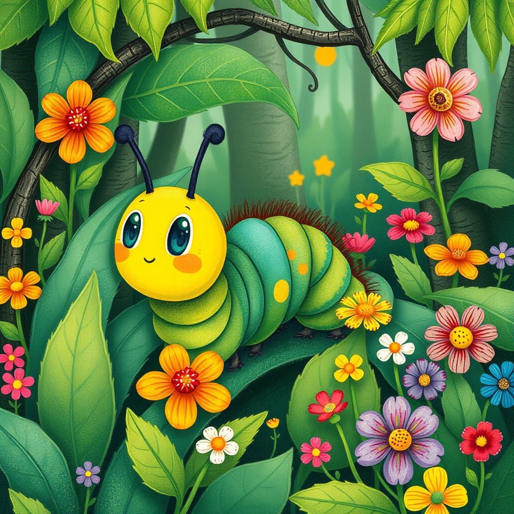 Whimsical Caterpillar in Lush Forest Illustration