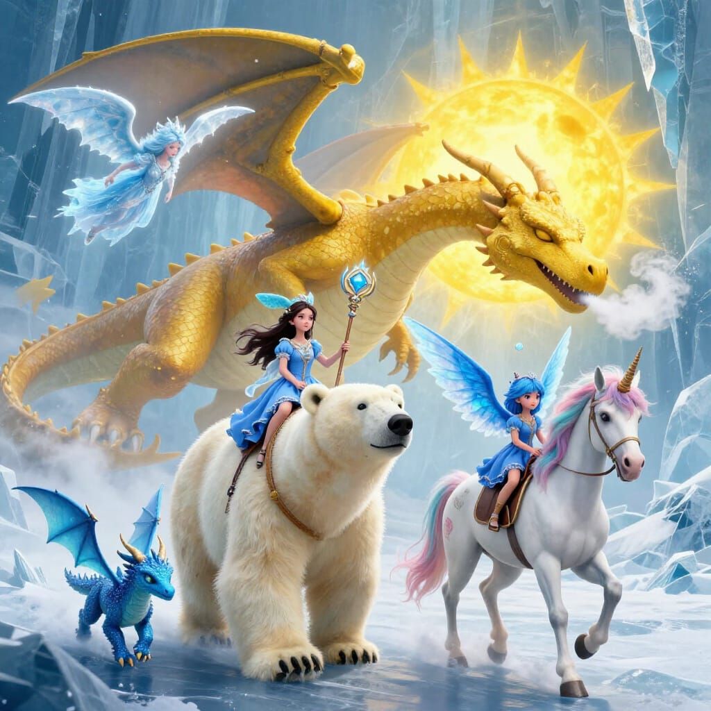 Fantasy Scene: Sorceress Rides Polar Bear with Blue Dragon a...