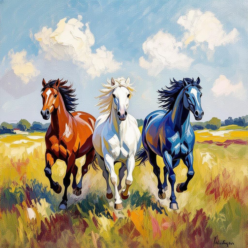 Post-Impressionist Horses Galloping Across Field