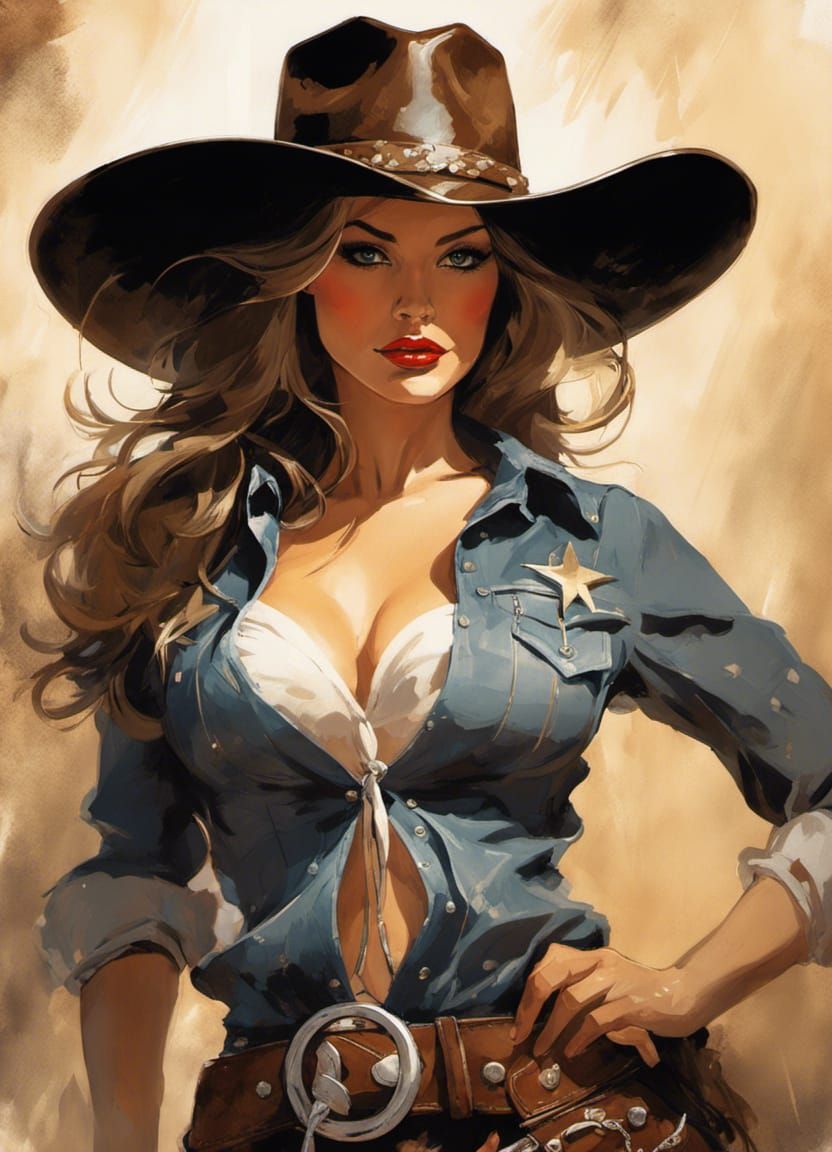 Beautiful Cowgirl Sheriff in Classic Pin-Up Art Style
