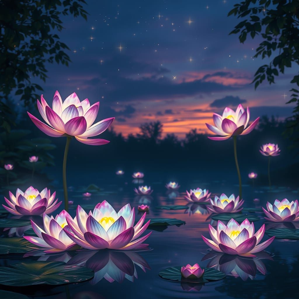 Surreal Twilight Oasis with Lotus Blooms and Celestial Beaut...