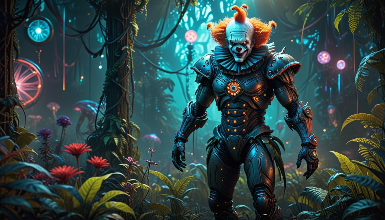 Biomechanical Clown in Alien Jungle Circus Ring