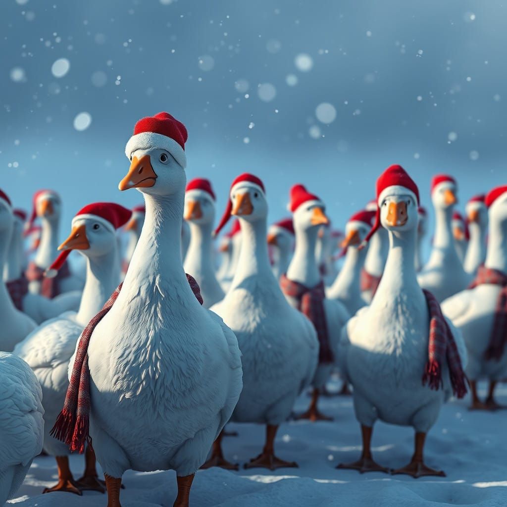 Fantastical Geese in Winter Wonderland, Detailed Matte Paint...
