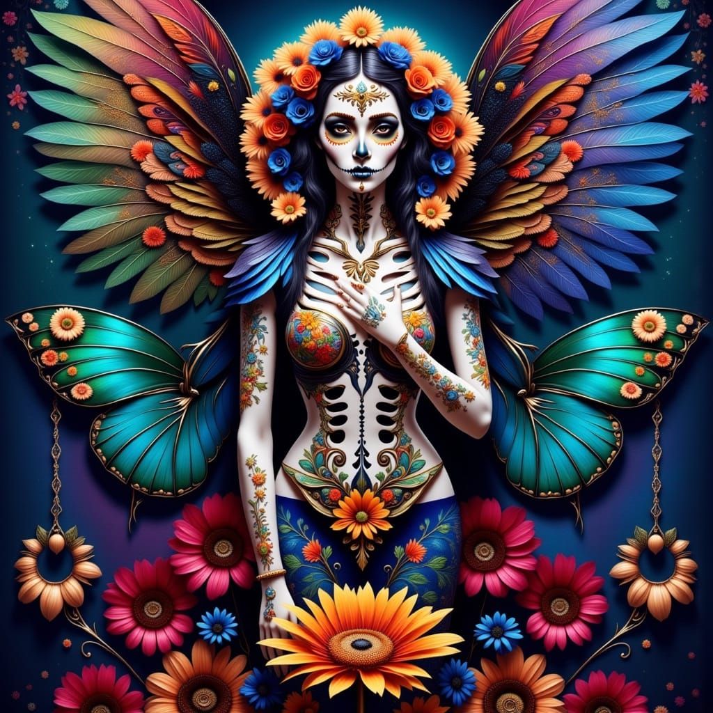 Cosmic Sugar Skull Fairy with Tattoos
