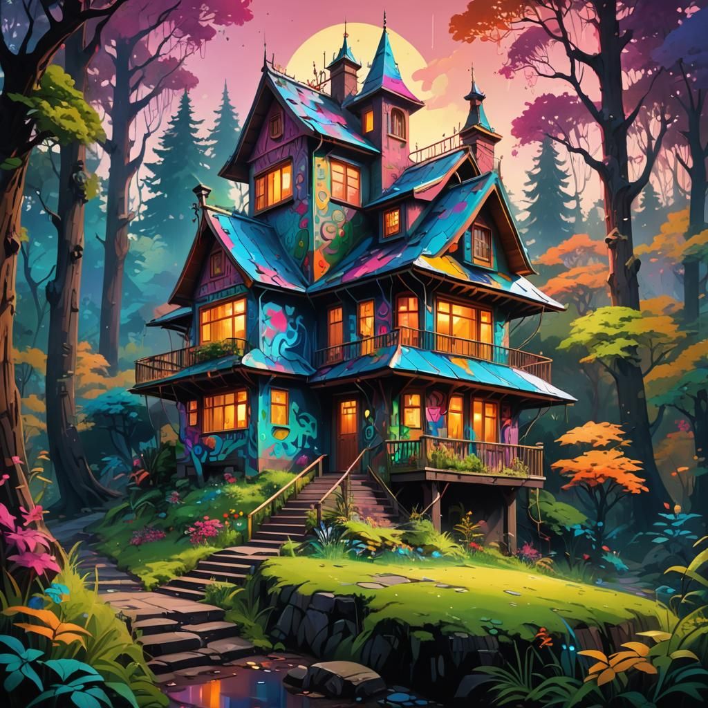Fantasy House in Enchanted Forest: Graffiti Art Style
