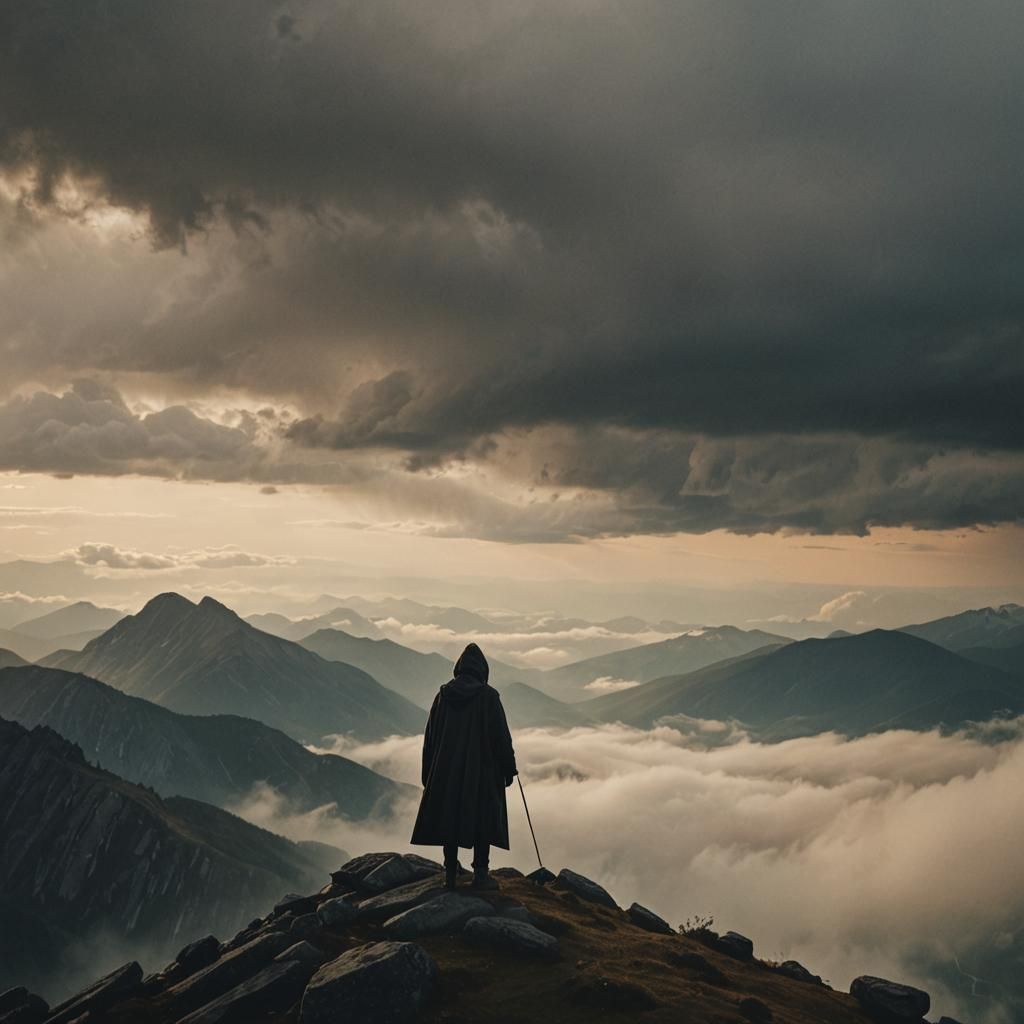 Mystical Figure Overlooks Fantasy Realm in Cinematic Style