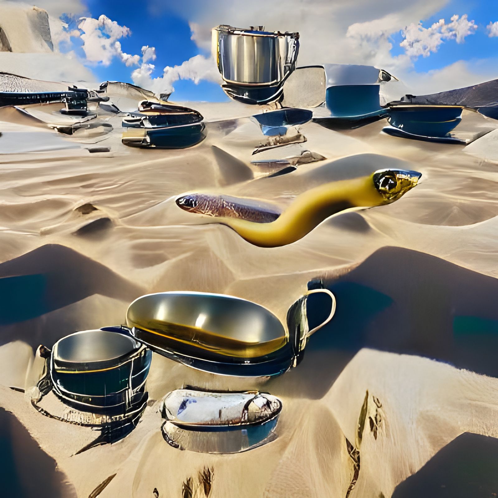Surreal Eel Snake in Desert with Floating Kitchenware