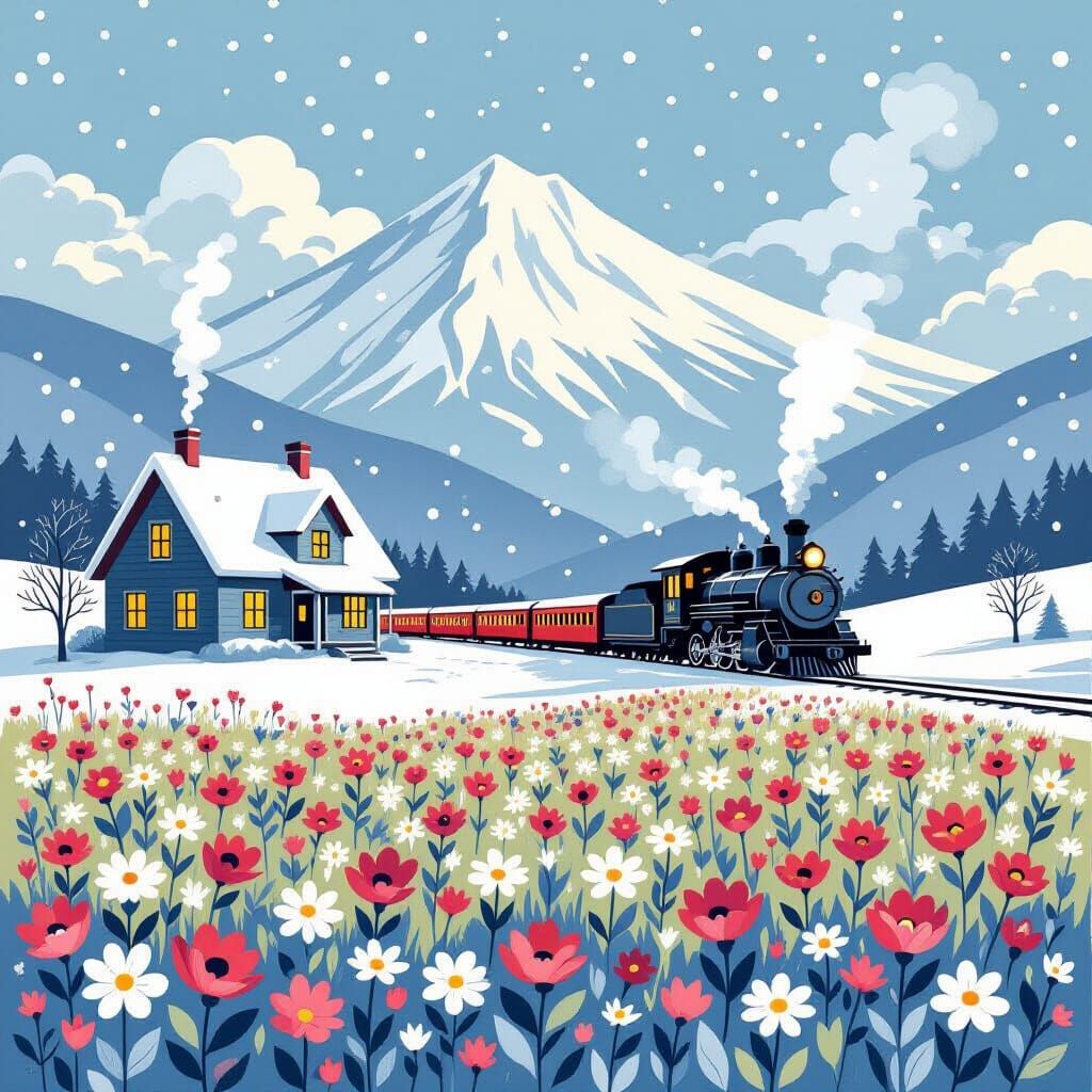 Cozy Winter Cottage with Train and Snow Flowers