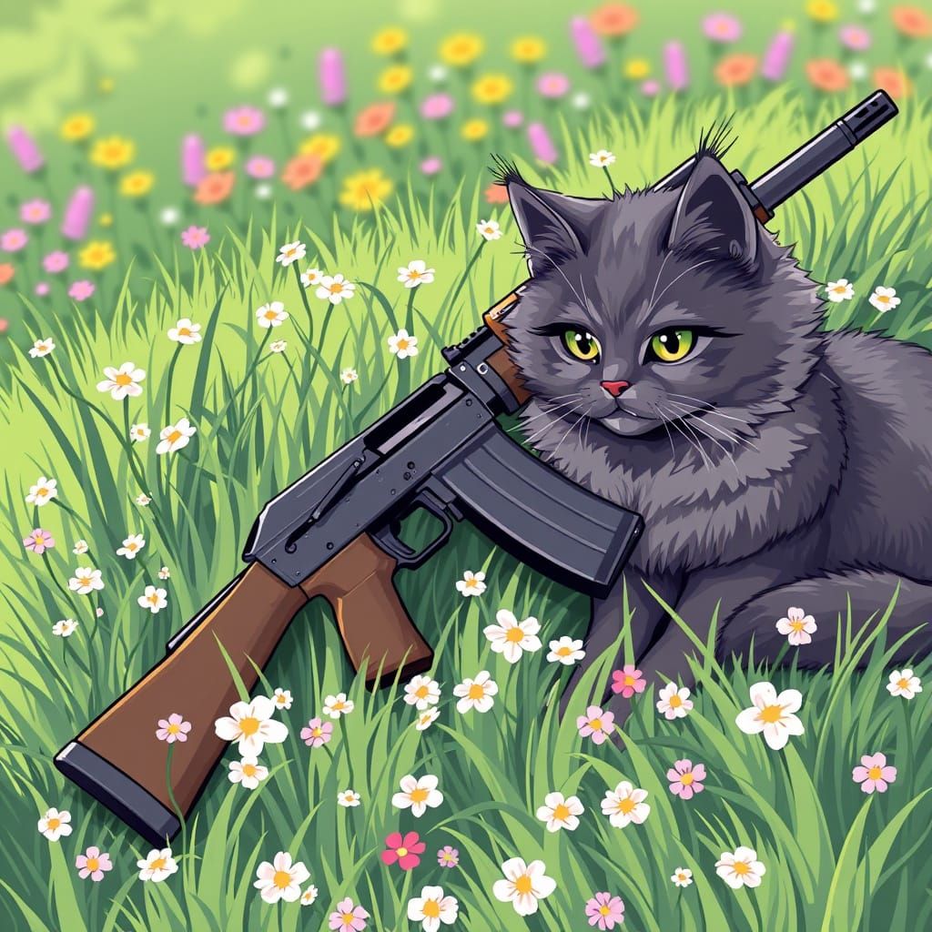 Pixel Art of Ak 74 and Whimsical Gray Cat in Spring