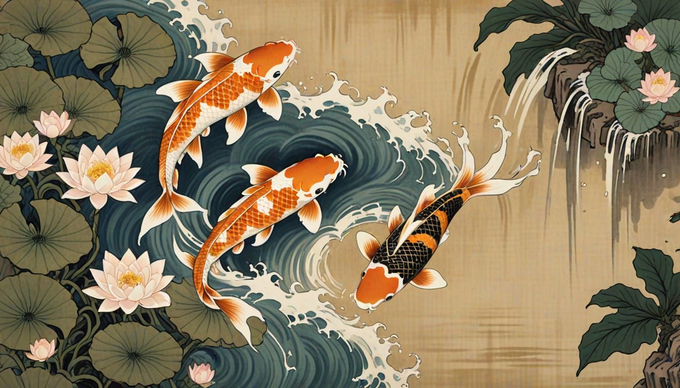 Golden Koi in Waterfall Harmony