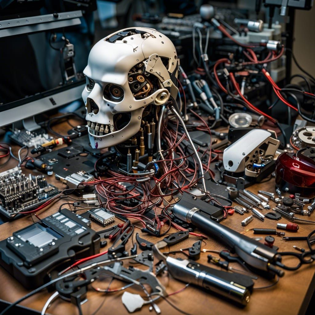 Disturbing Cyborg Head Revealing Mechanical Interior