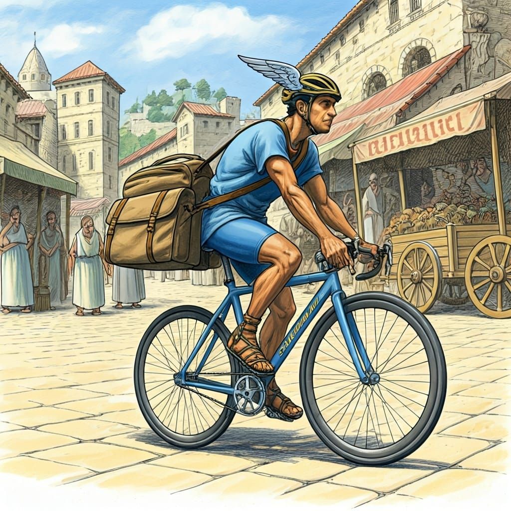 Roman Courier on Winged Bicycle in Storybook Style