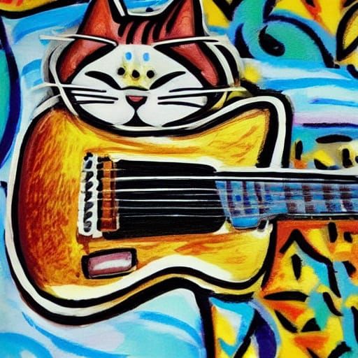 Cat Playing Guitar: Vibrant Digital Concept Art