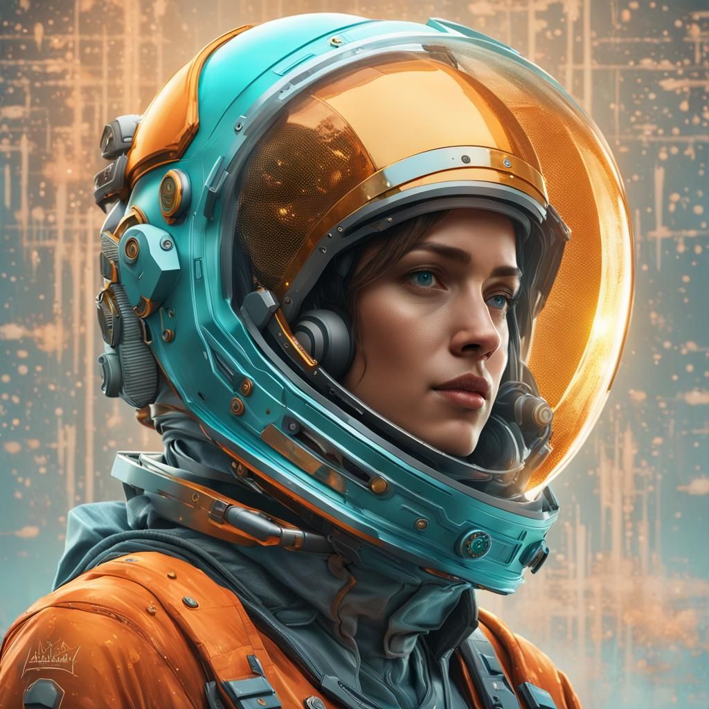 Photorealistic Woman in Space Helmet with Geometric Tattoos