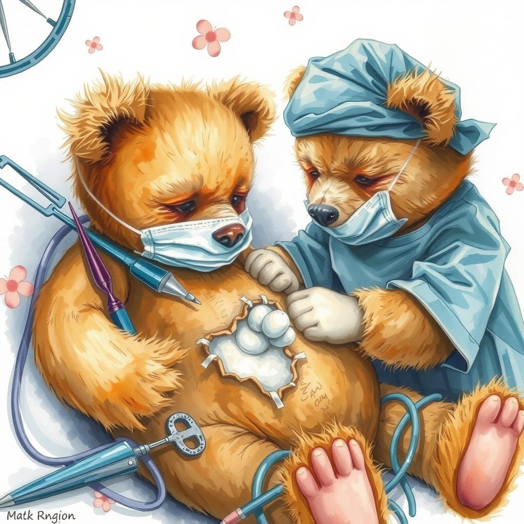 Teddy Bear Surgeon: Dreamlike Watercolor Art