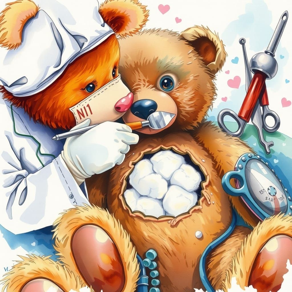 Teddy Bear Surgeon Performs Surgery: Watercolour Art