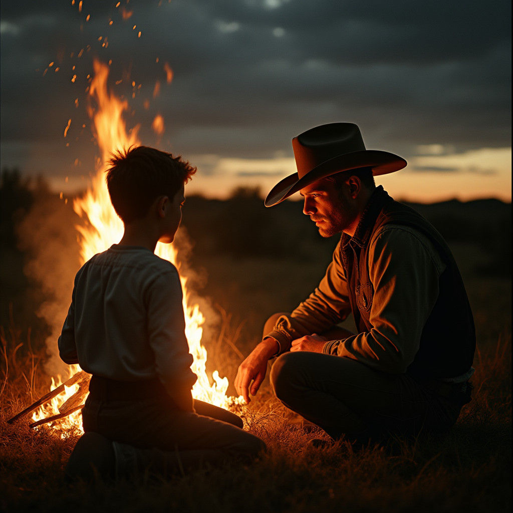 Old West Cowboy Campfire Scene: Cinematic Film Still