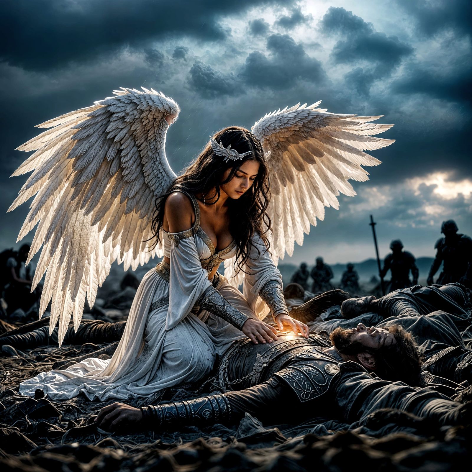 Angel Kneels by Fallen Warrior on Battlefield