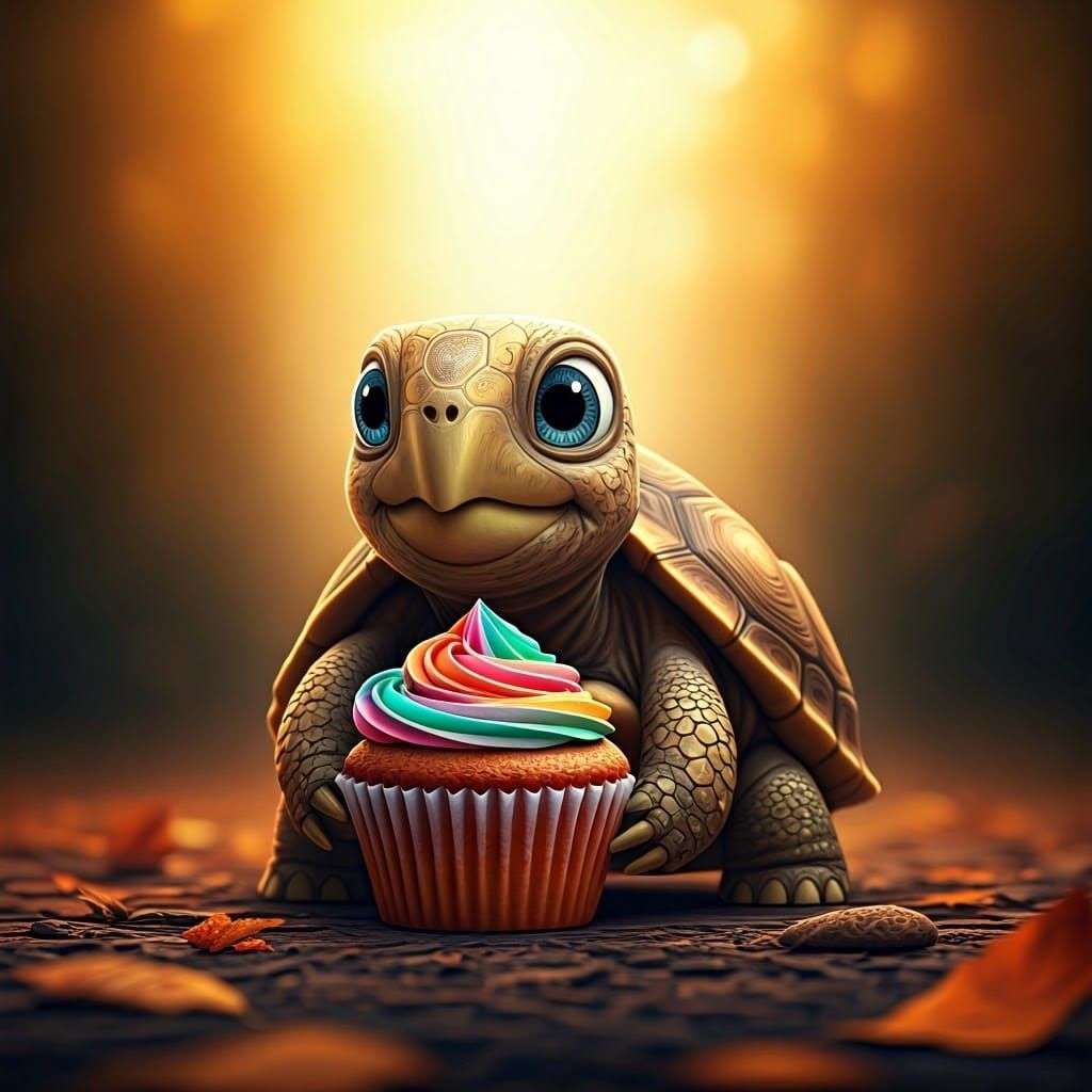 Baby Turtle's Birthday in Autumn Forest, 3D Digital Art