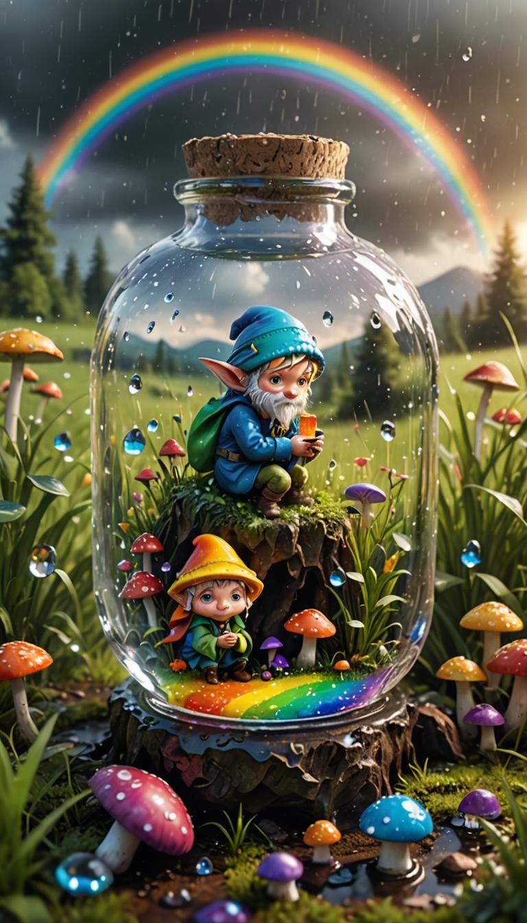 Elf in Bottle Macro Photograph in Rainy Landscape