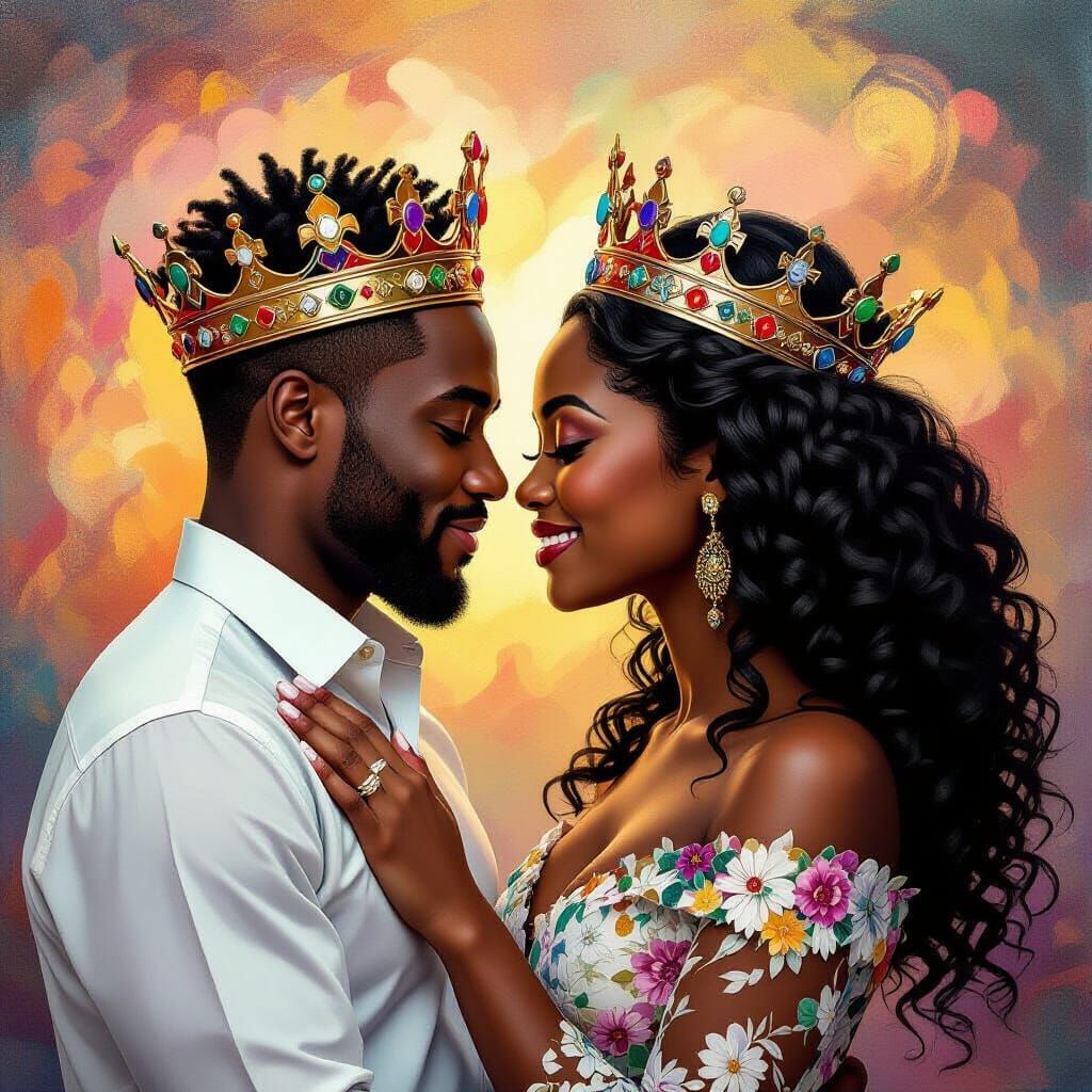 Black Couple with Crowns in Abstract Collage Style