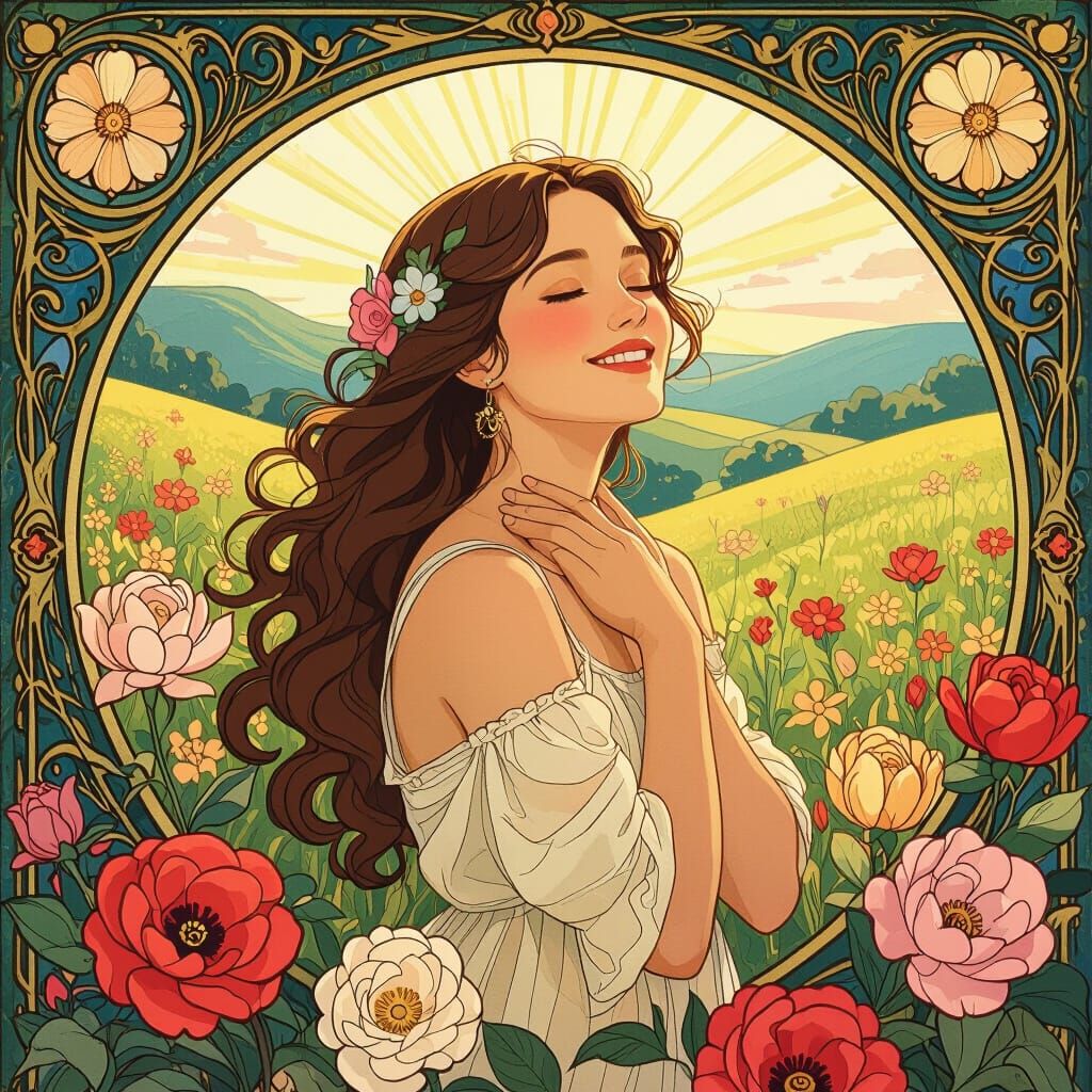 Woman Embracing Life in Alphonse Mucha Style