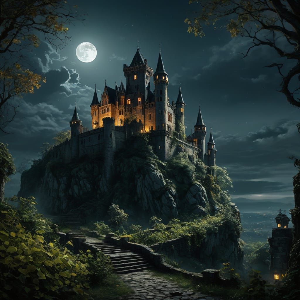Ethereal Castle at Dusk Under a Full Moon