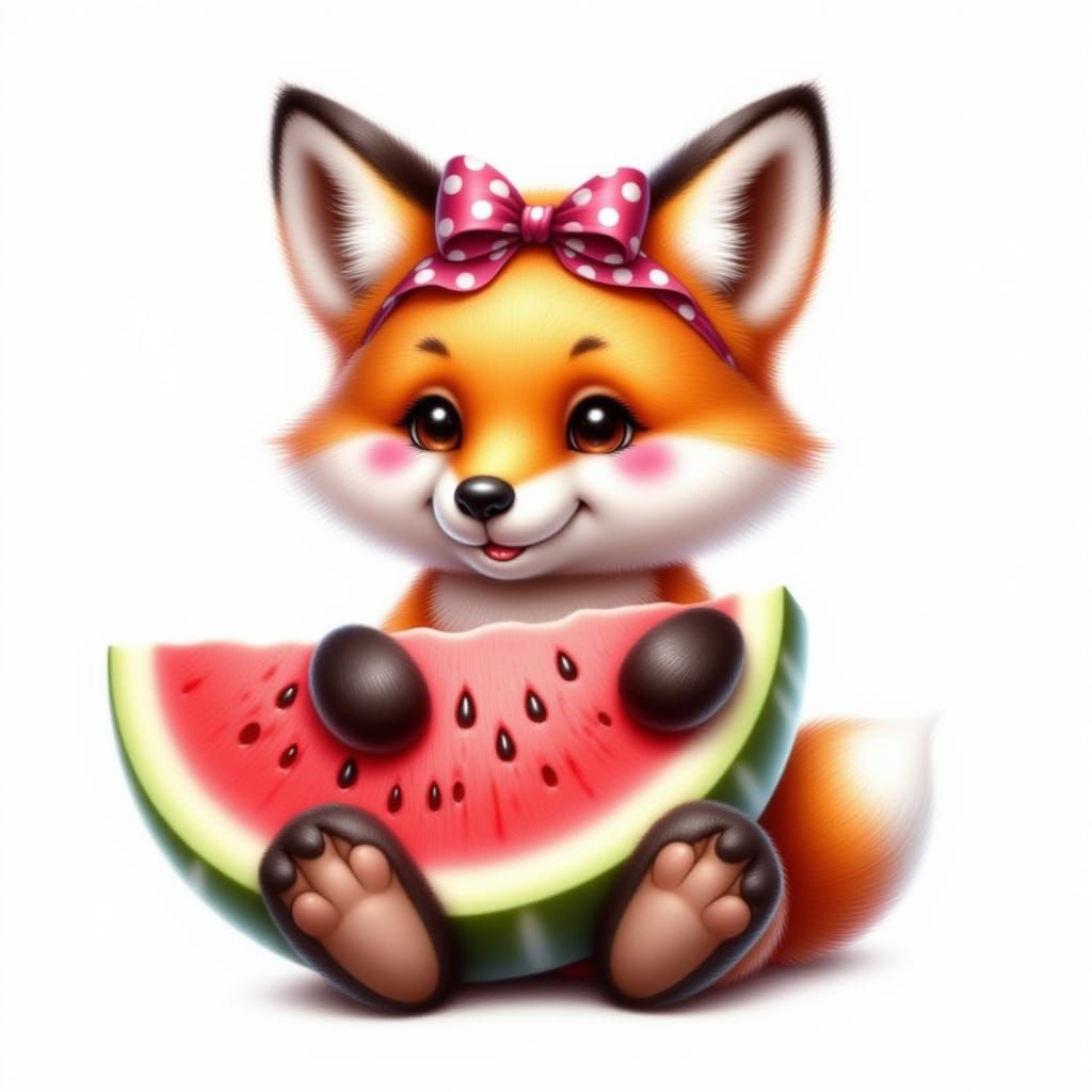 Fox with Watermelon in Airbrush Art Style