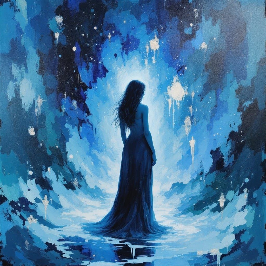 Noble Woman in Blue Haze, Neo-Impressionist Painting