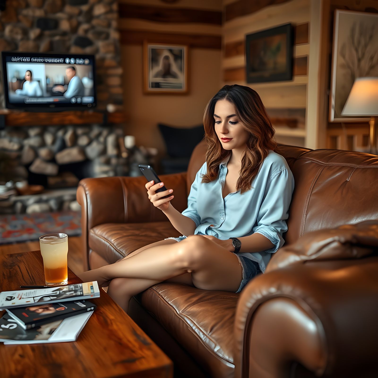 Woman Relaxing on Couch with Smartphone and Drink