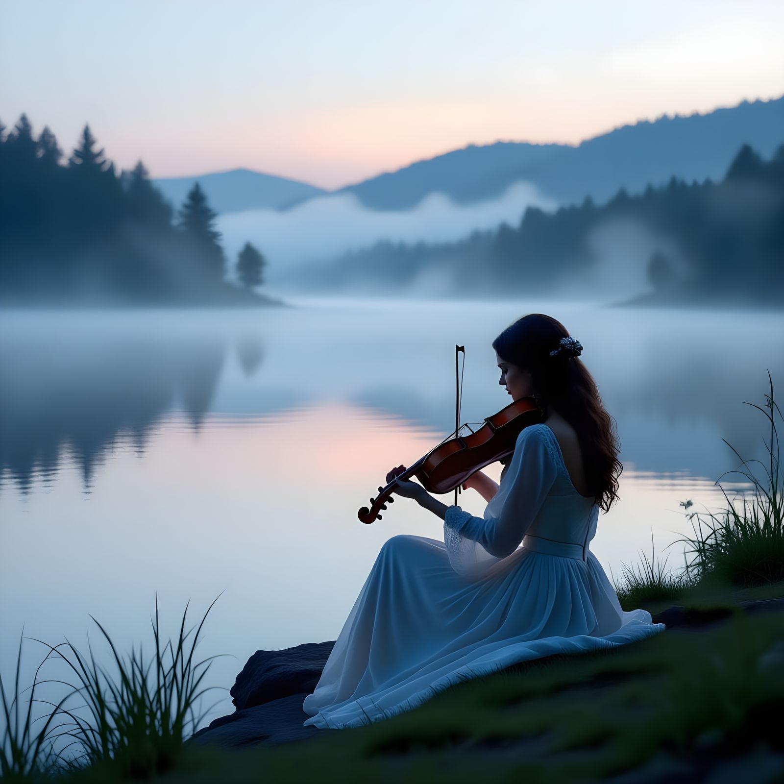 Woman With Violin by Misty Lake at Dawn