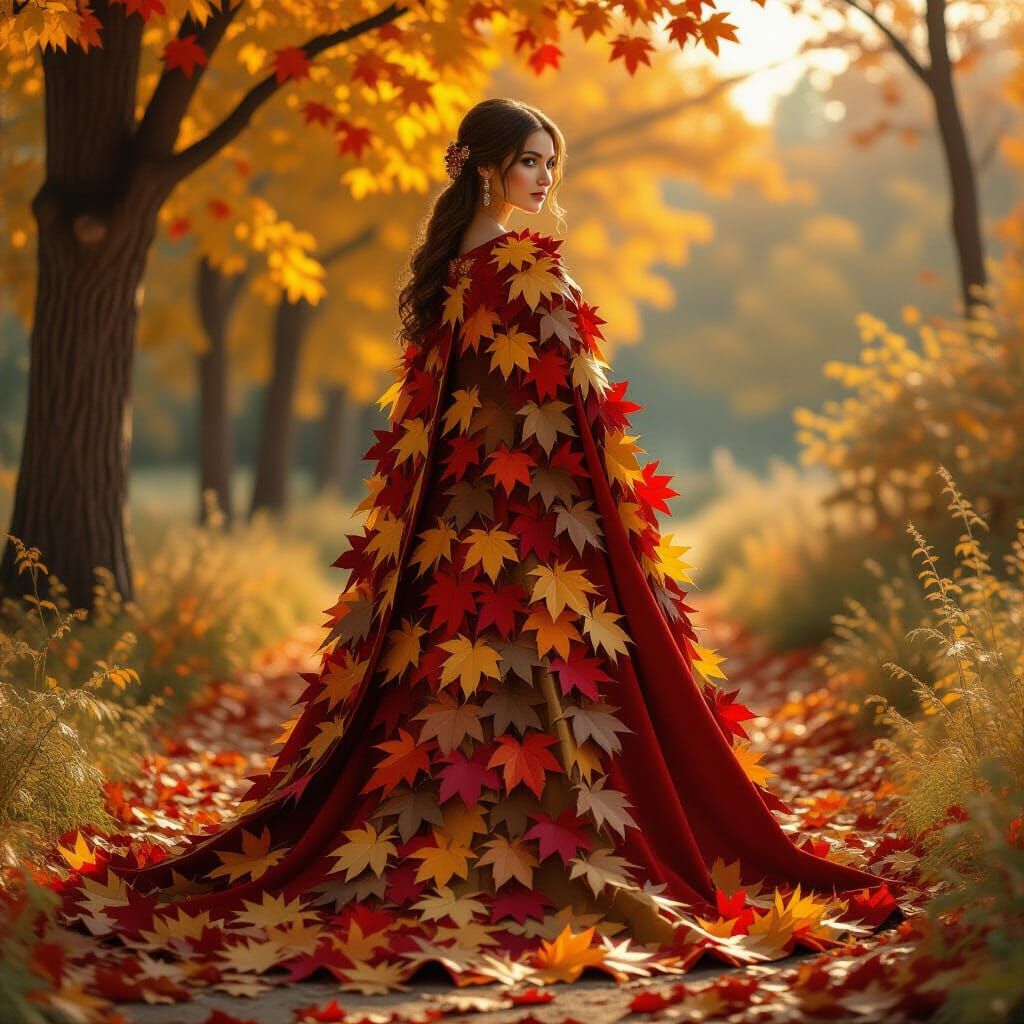 Autumn Leaves Cape on Regal Lady in Matte Painting Style