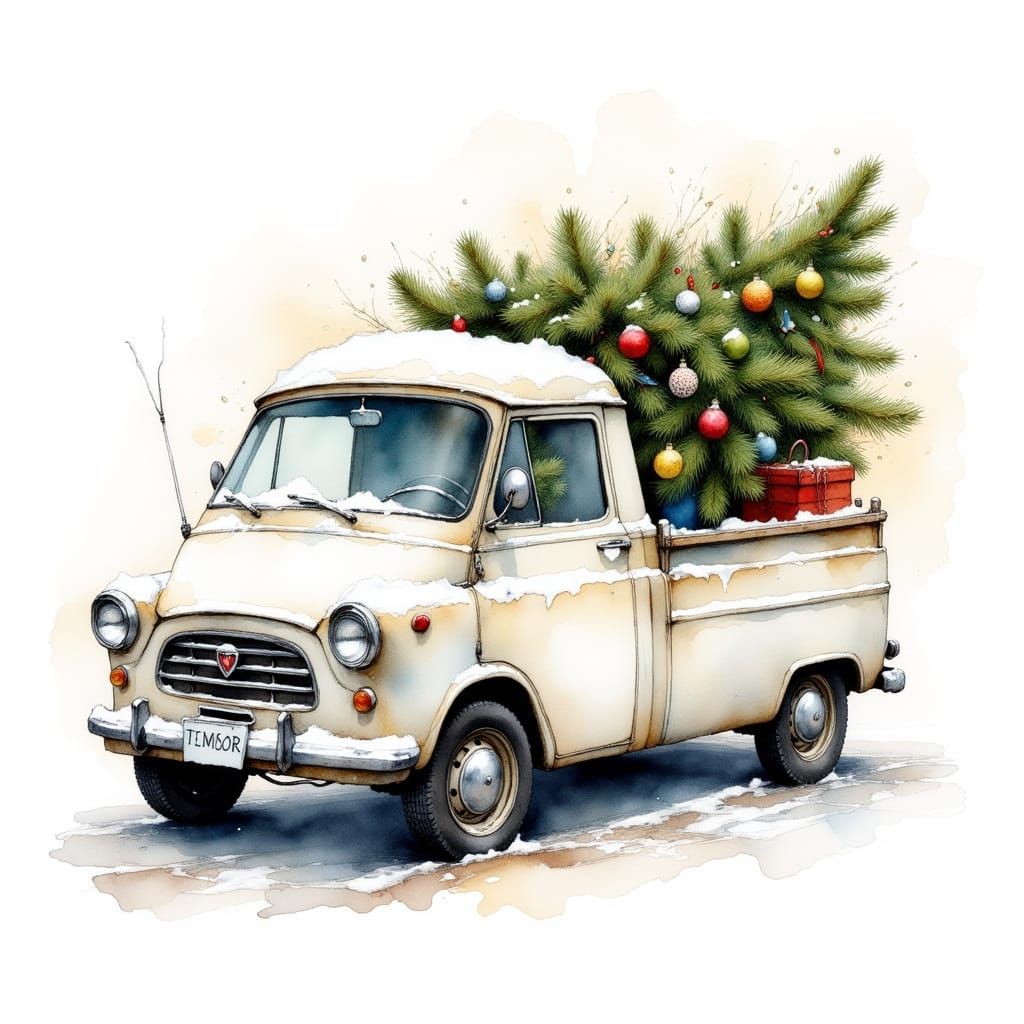 Snow Dusted Utility Van Carrying Decorated Christmas Tree