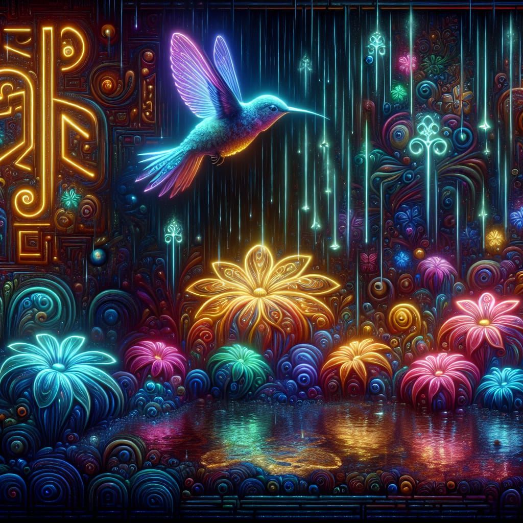Hummingbird with Glowing Flowers in Candy Art Style
