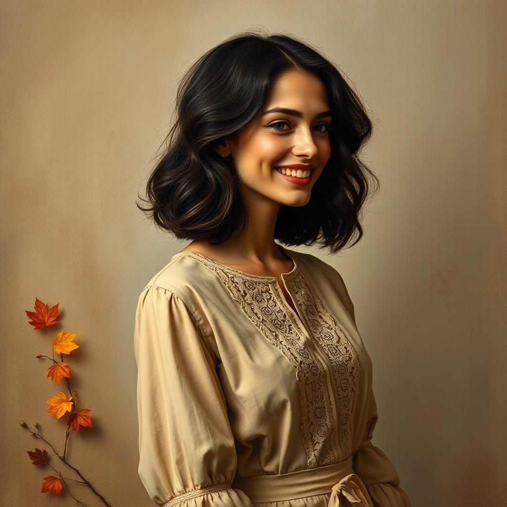 Smiling Brunette Portrait with Autumnal Flowers