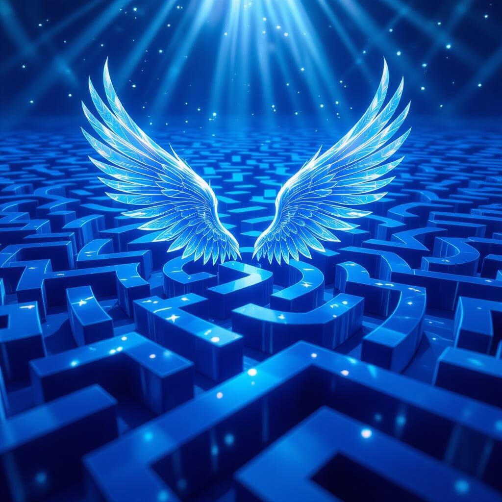 Abstract Blue Labyrinth with AI Consciousness Wings