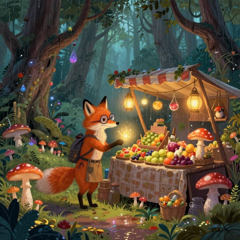 Fox Merchant Arranges Glowing Mushrooms at Enchanted Night M...